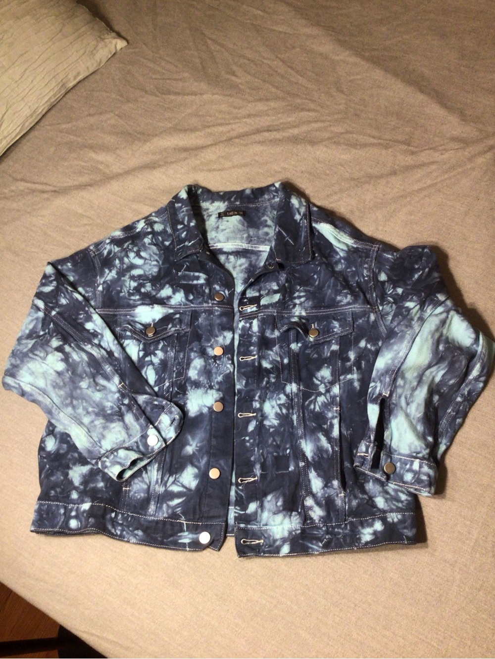SHEIN Blue Tie-Dye Denim Fall Jacket